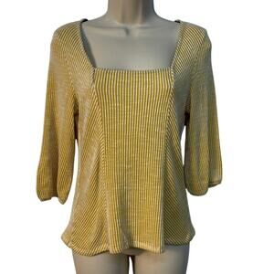 W5 Anthropologie Textured Square Neck Quarter Sleeve Top Yellow/White Size M‎